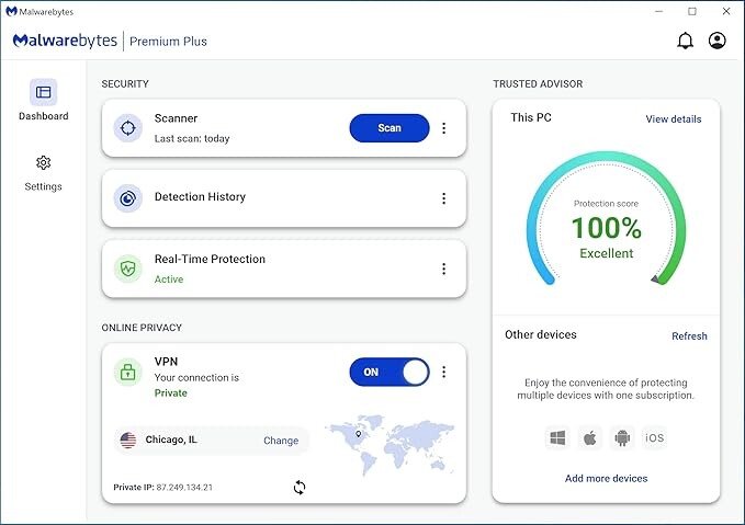 Malwarebytes Premium + Privacy VPN bundle | 1 Year, 2 Devices | Windows, Mac OS, Android, Apple iOS, Chrome [Online Code]